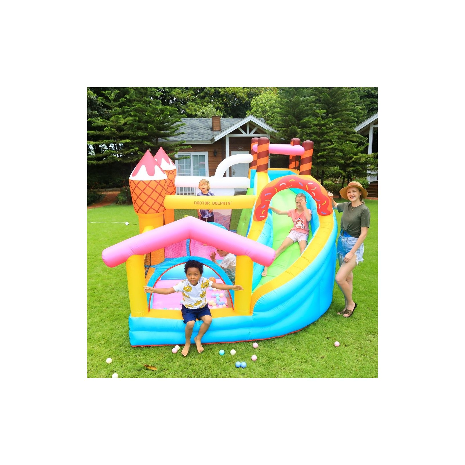 Château Gonflable Jump Icecream avec Toboggan & Piscine à Balles