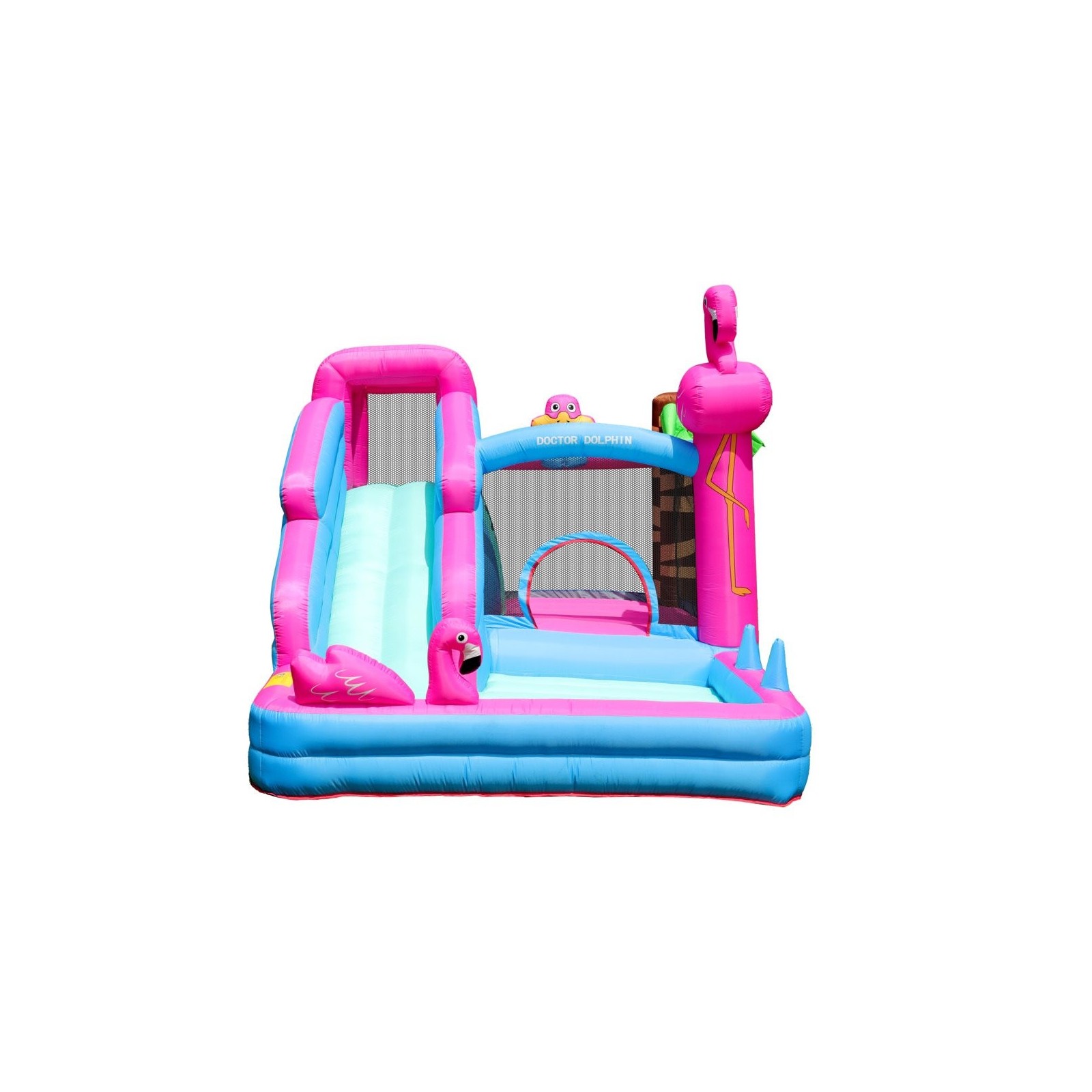 Château gonflable enfant jump Flamingo rose avec toboggan, piscine à balles et souffleur 450w