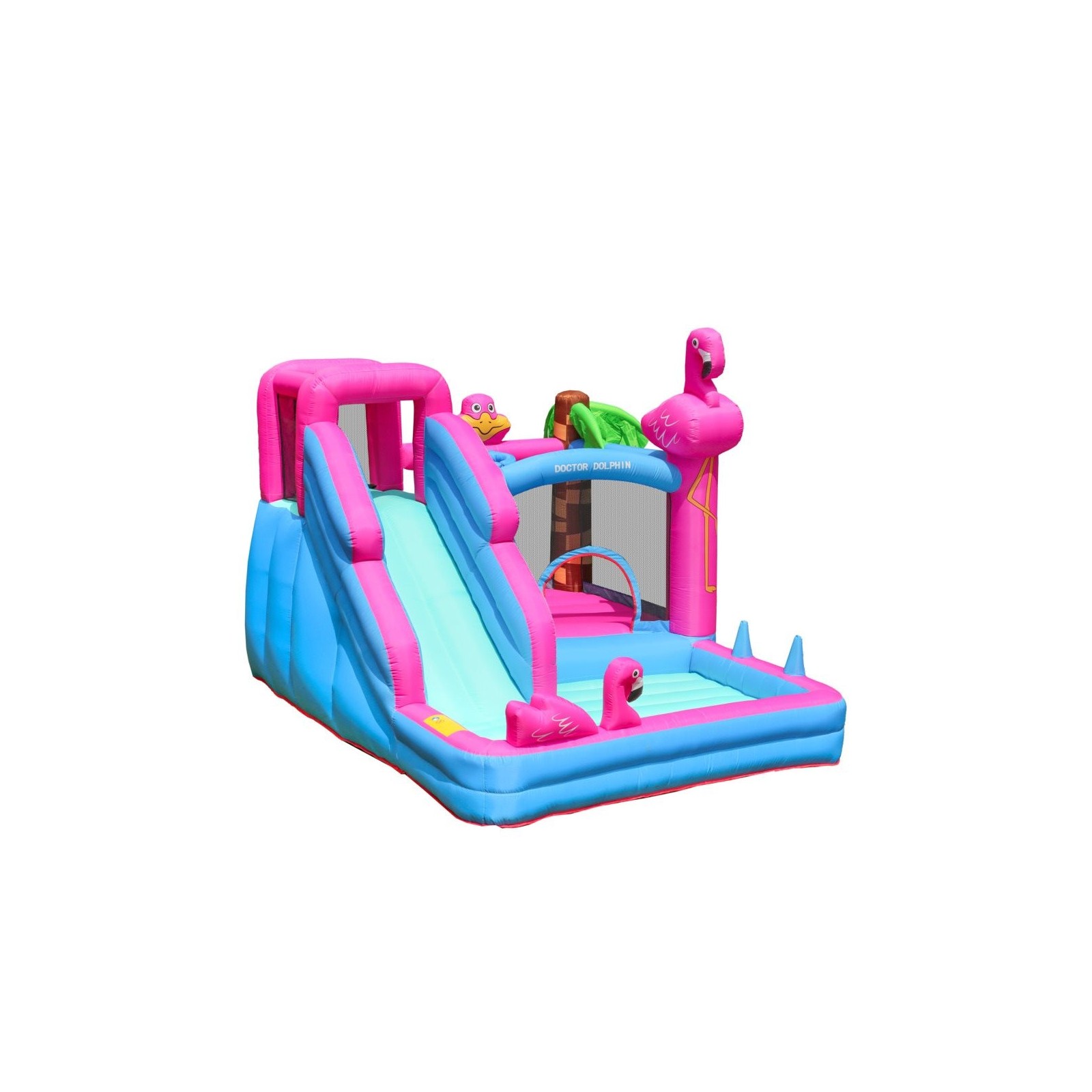Château gonflable enfant jump Flamingo rose avec toboggan, piscine à balles et souffleur 450w