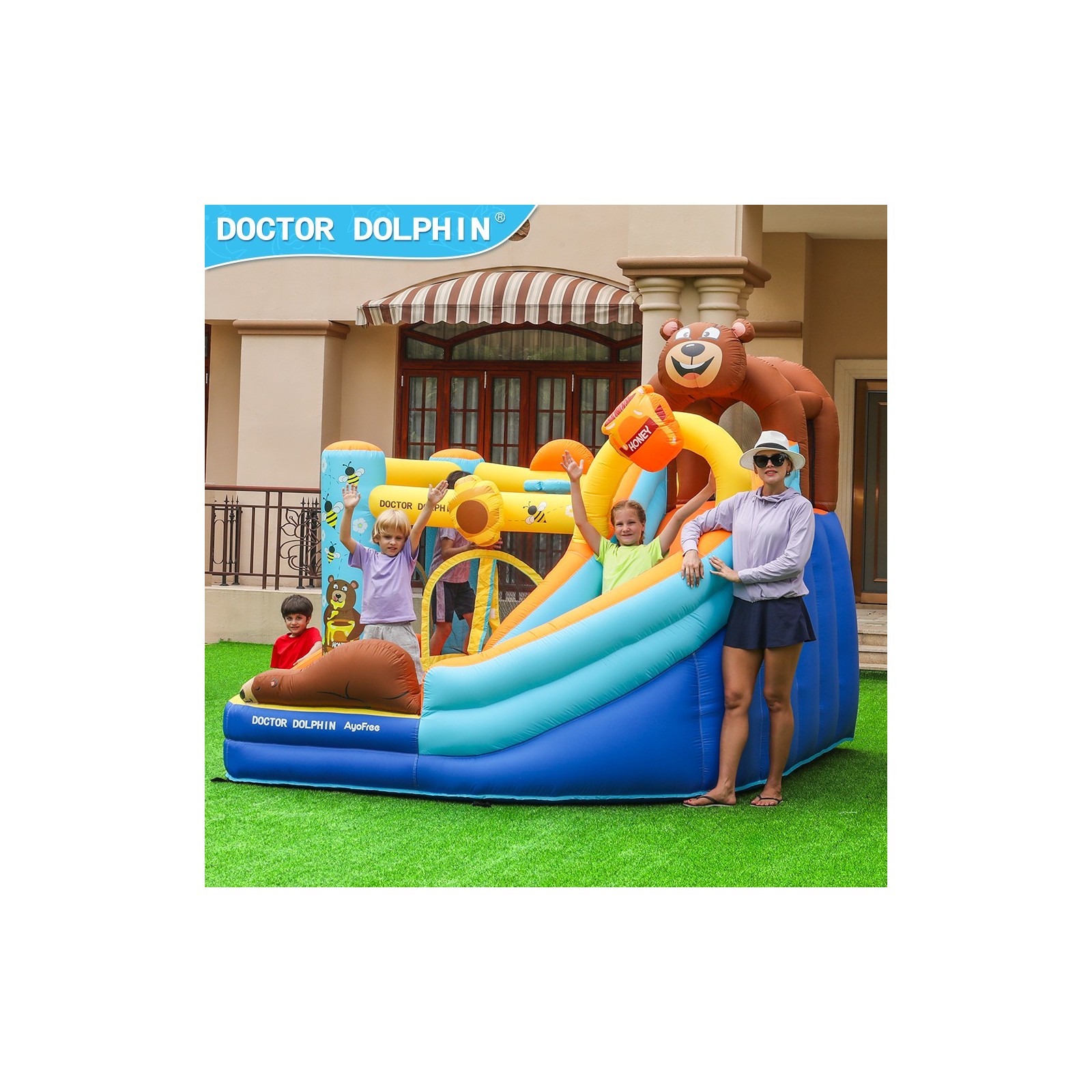 Château gonflable Honey Bear jump enfant avec toboggan et souffleur 450w