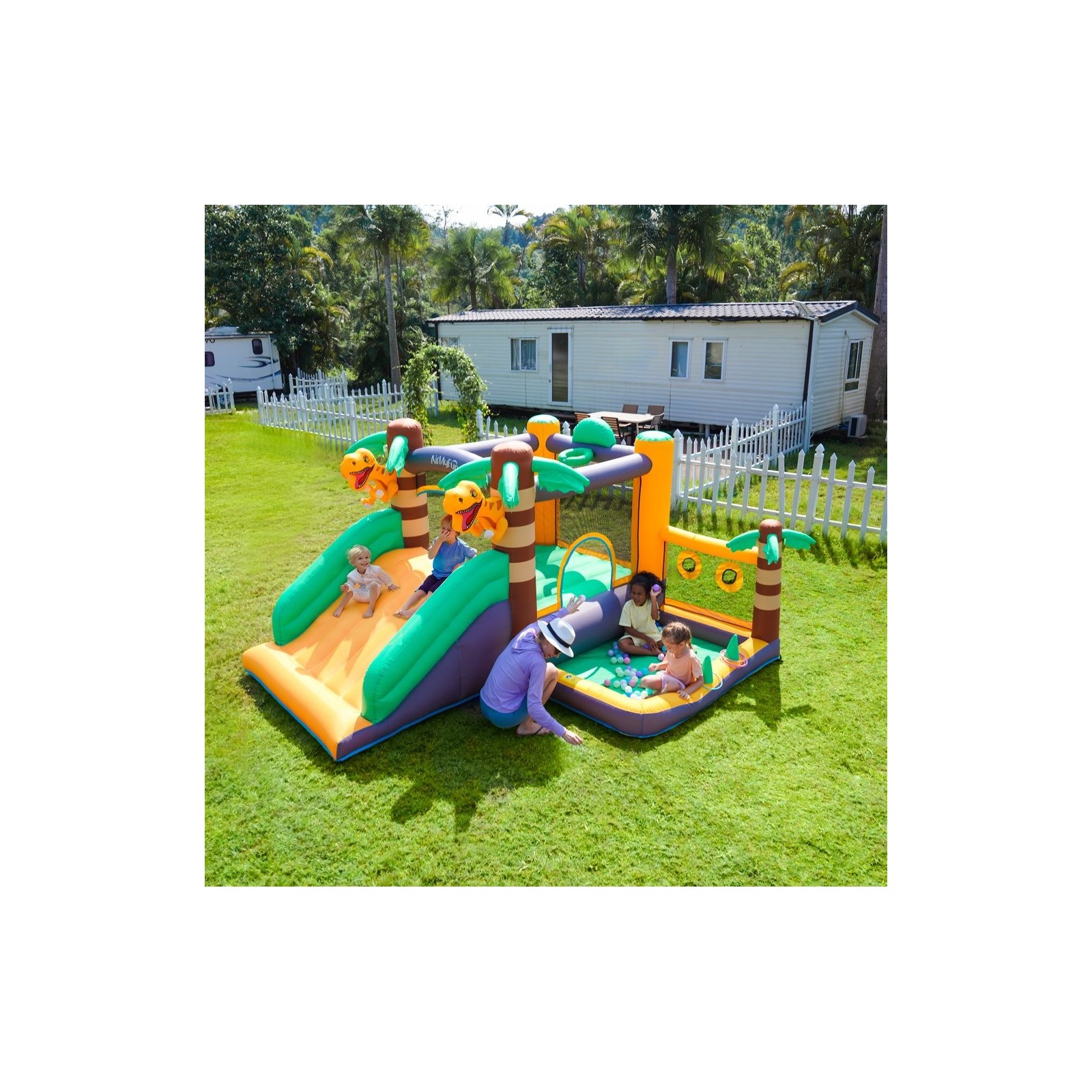 Château gonflable Dinoworld enfant avec aire de jeux et souffleur 350w