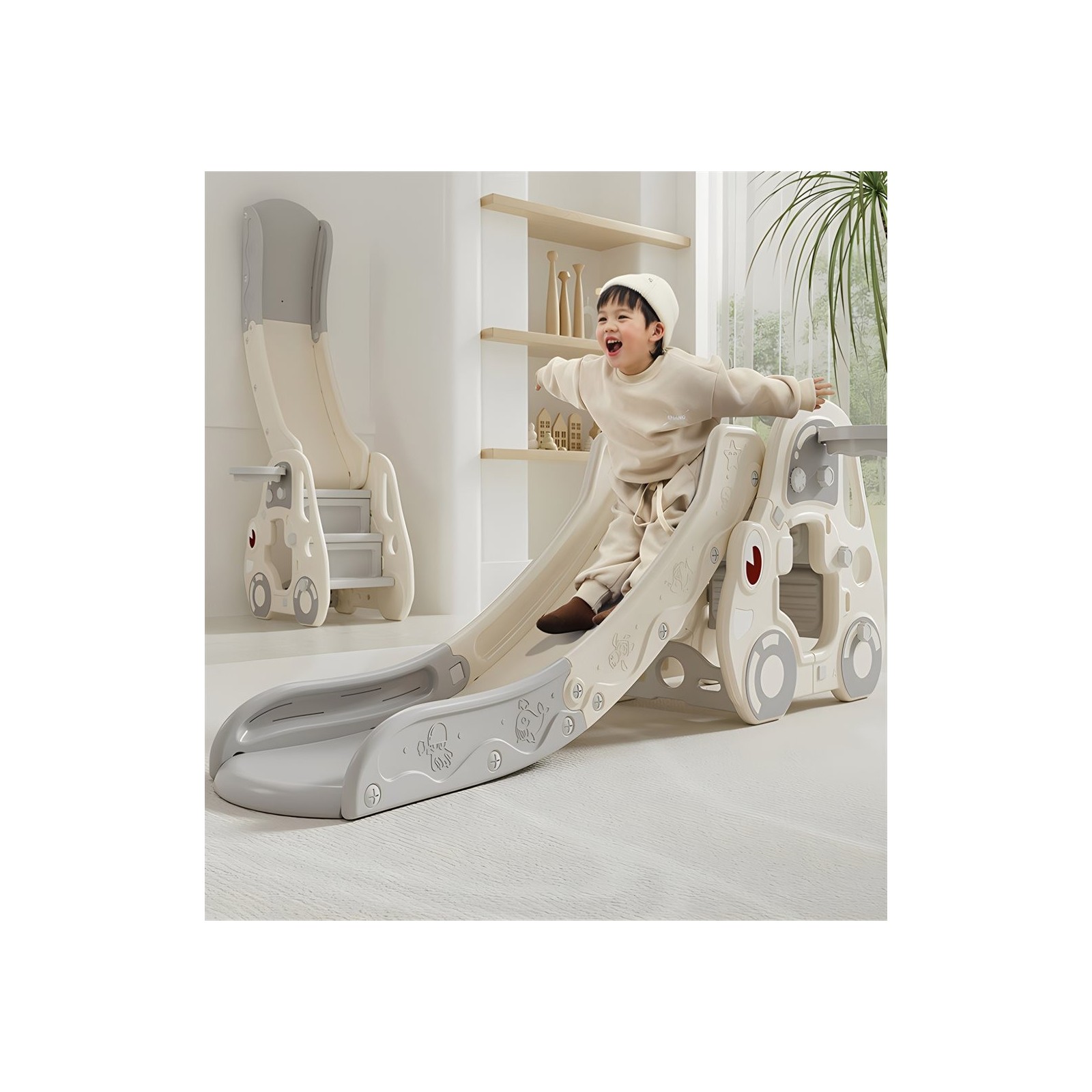 Voiture de Jeu avec Toboggan et Panier de Basket LeMiniRider Fun Racer XL – blanc